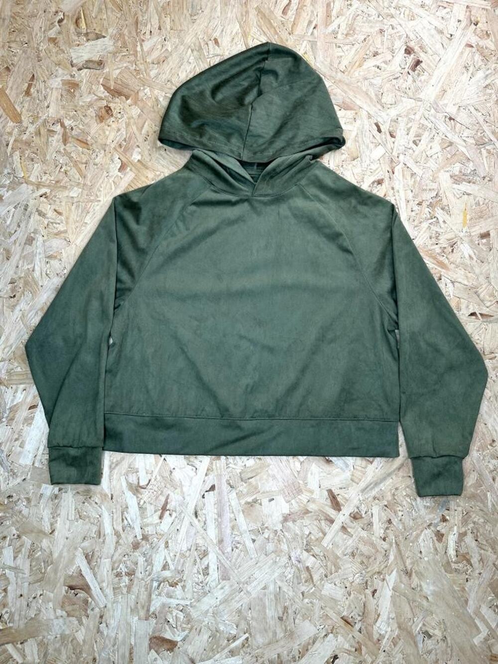 Tractr Womens Faux Suede Cropped Hoodie Green Size S Raglan Long Sleeve